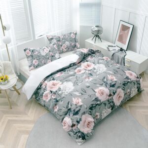 TOPTREE Rose Floral Duvet Cover Queen - Aesthetic Garden Pink Floral Bedding Set Modern Trendy Flower Bed Set with Botanical Leaf for Women Aldult（Grey, Queen）