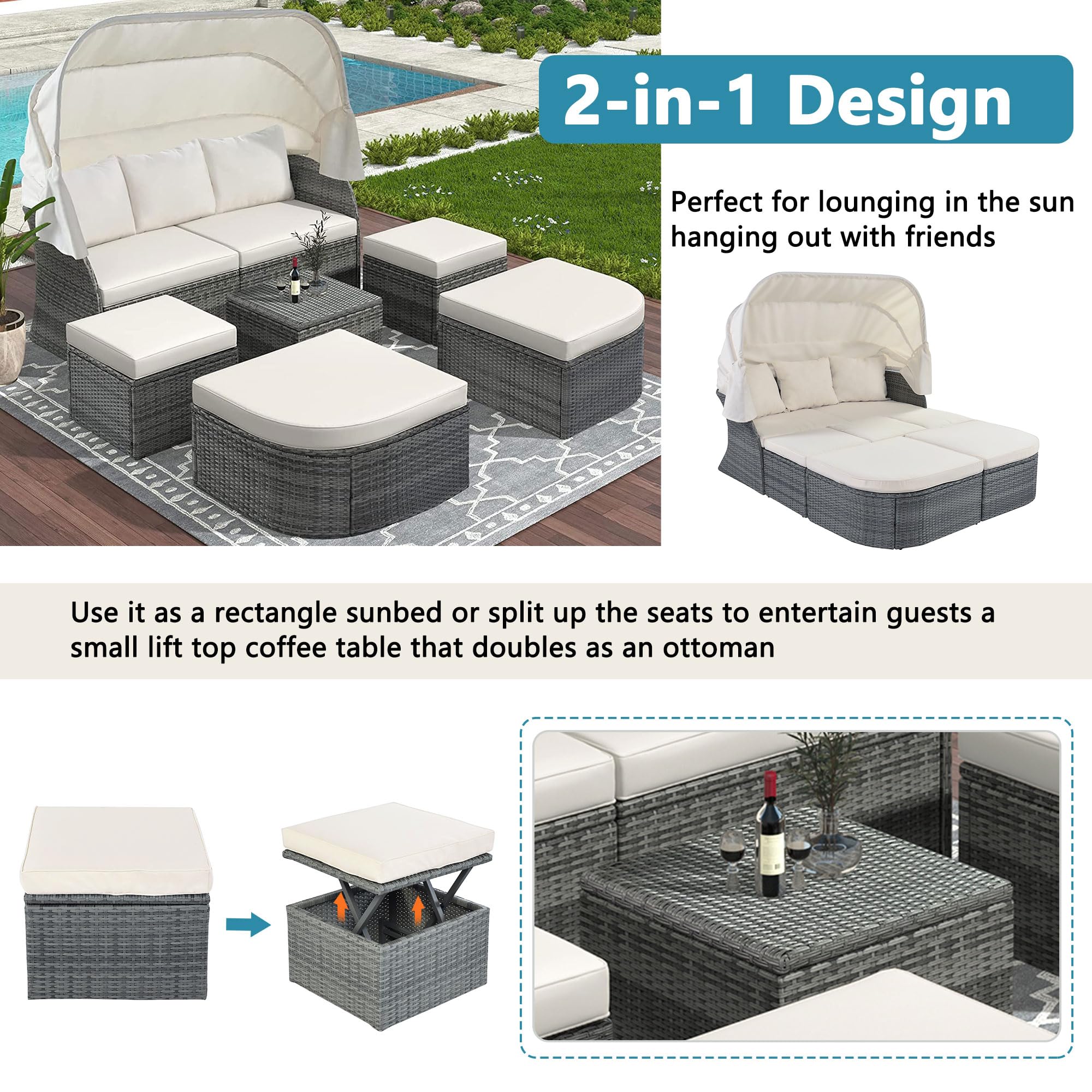 Merax Outdoor Patio Furniture Set, Daybed Sunbed with Retractable Canopy, Patio Conversation Set, Wicker Furniture Sofa Set for Lawn/Garden/Pool/Porch, Grey+Beige