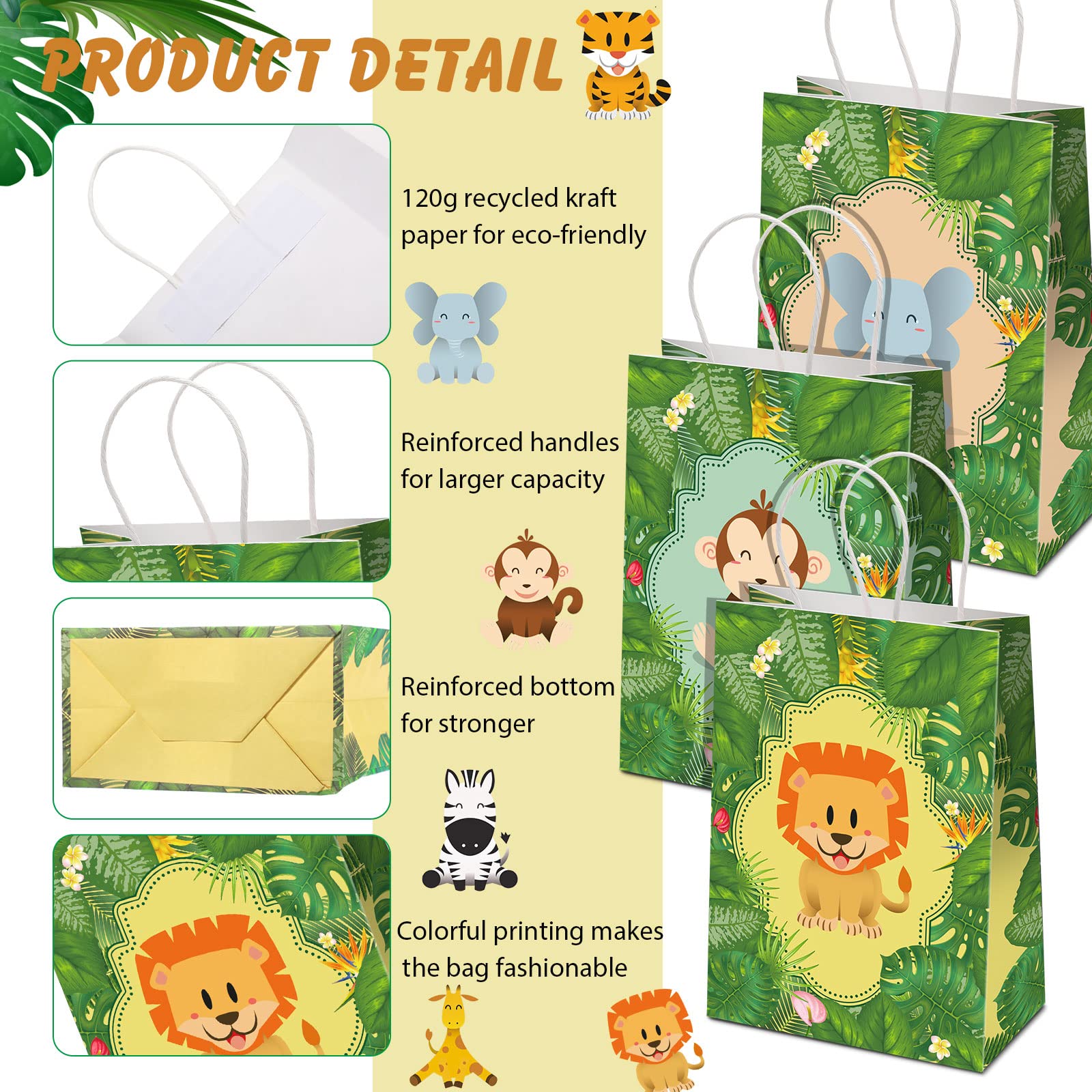 24 Pieces Safari Goodie Bag Safari Jungle Party Favor Bags with Handles for Kids Birthday Jungle Woodland Gift Bags for Birthday Party Baby Shower Party Supplies (Classic Style)