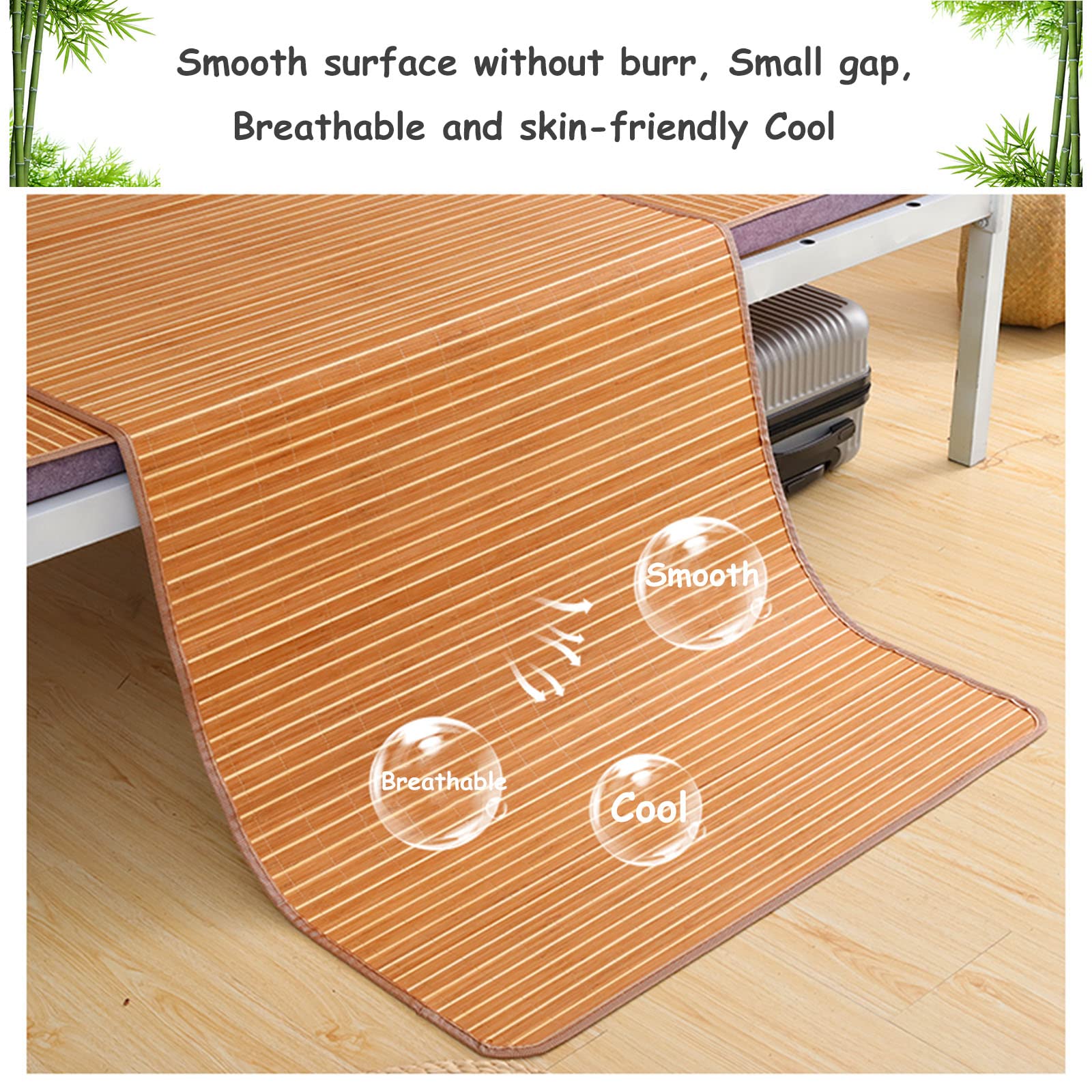 Summer Bamboo Sleeping mat, Foldable Double Sided Bamboo mat for bed, Mattress Topper twin Queen Cool mat for Living Bedroom Floor (90x190cm/35.4x74.8inch, Bamboo)