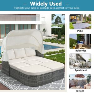 Merax Outdoor Patio Furniture Set, Daybed Sunbed with Retractable Canopy, Patio Conversation Set, Wicker Furniture Sofa Set for Lawn/Garden/Pool/Porch, Grey+Beige