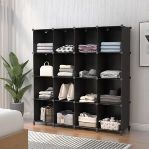 Wolizom Cube Storage Organizer, 16-Cube Black Closet Storage Shelves, Modular Units, Closet Cabinet, Portable DIY Plastic Book Shelf Shelving for Bedroom, Office, Living Room