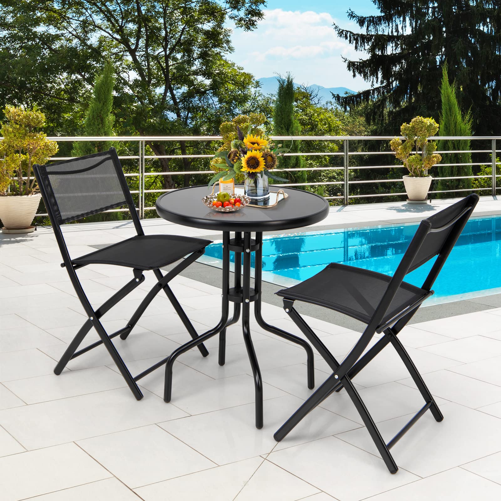 Tangkula 3 Pieces Folding Patio Bistro Set, Outdoor Folding Chairs & Table Set with Tempered Glass Tabletop, Round Table & Foldable Chairs, Outdoor Furniture Set for Garden, Poolside & Backyard