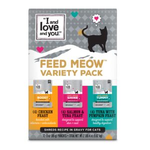 i and love and you feed meow variety pack - salmon, chicken, tuna - grain free, shredded, no fillers 3oz pack of 12