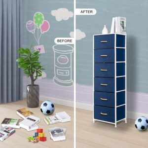 WAYTRIM Dresser Storage Tower, 6 Fabric Organizer Drawers, Wide Chest of Drawers for Closet Boys & Girls Bedroom, Bedside Furniture, Steel Frame, Wood Top, Fabric Bins, Easy Installation, (Navy Blue)