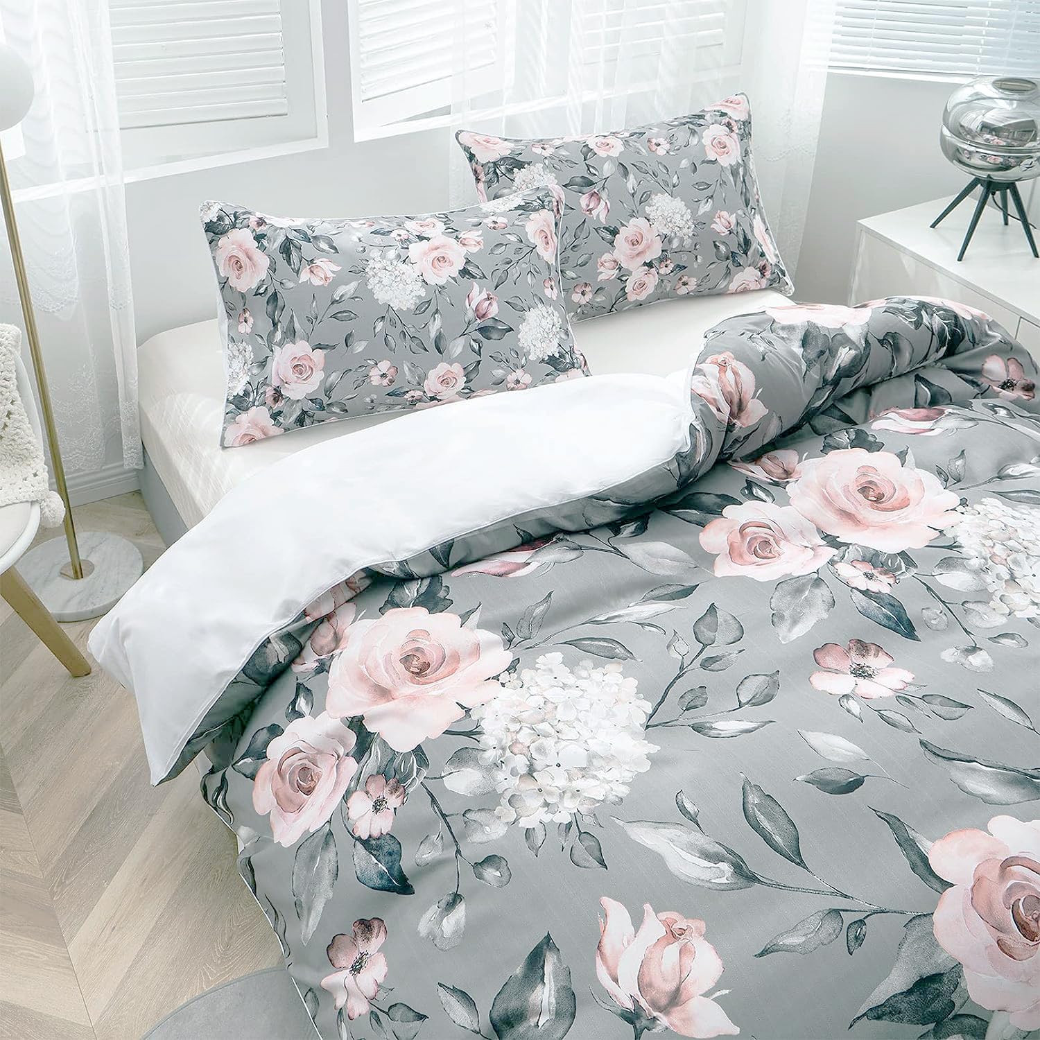 TOPTREE Rose Floral Duvet Cover Queen - Aesthetic Garden Pink Floral Bedding Set Modern Trendy Flower Bed Set with Botanical Leaf for Women Aldult（Grey, Queen）