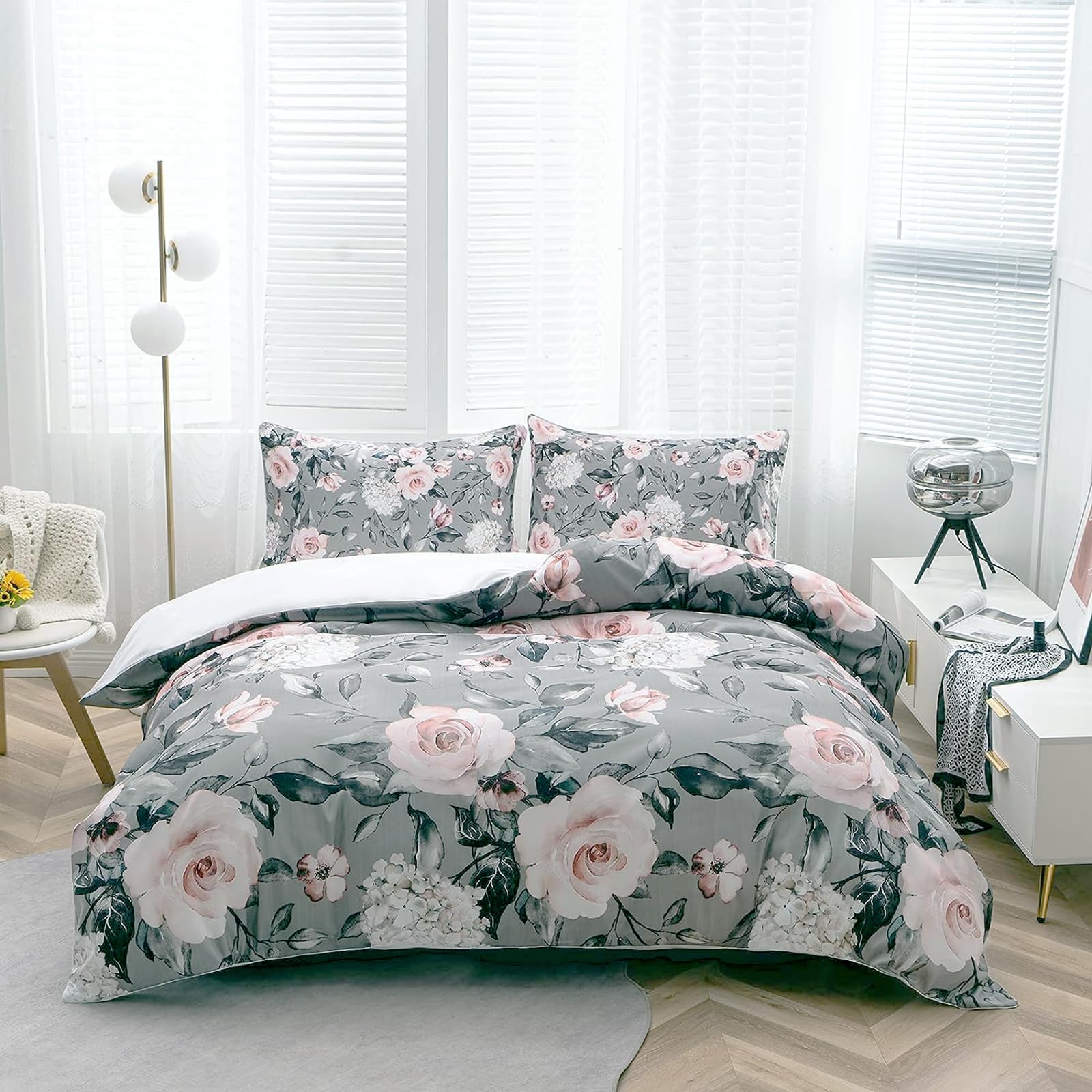 TOPTREE Rose Floral Duvet Cover Twin Size - Grey Floral Duvet Cover Set with Zipper Closure, Soft & Breathable Chic Garden Floral Bedding Set with 2 Pillowcases Gorgeous Floral Comforter Set