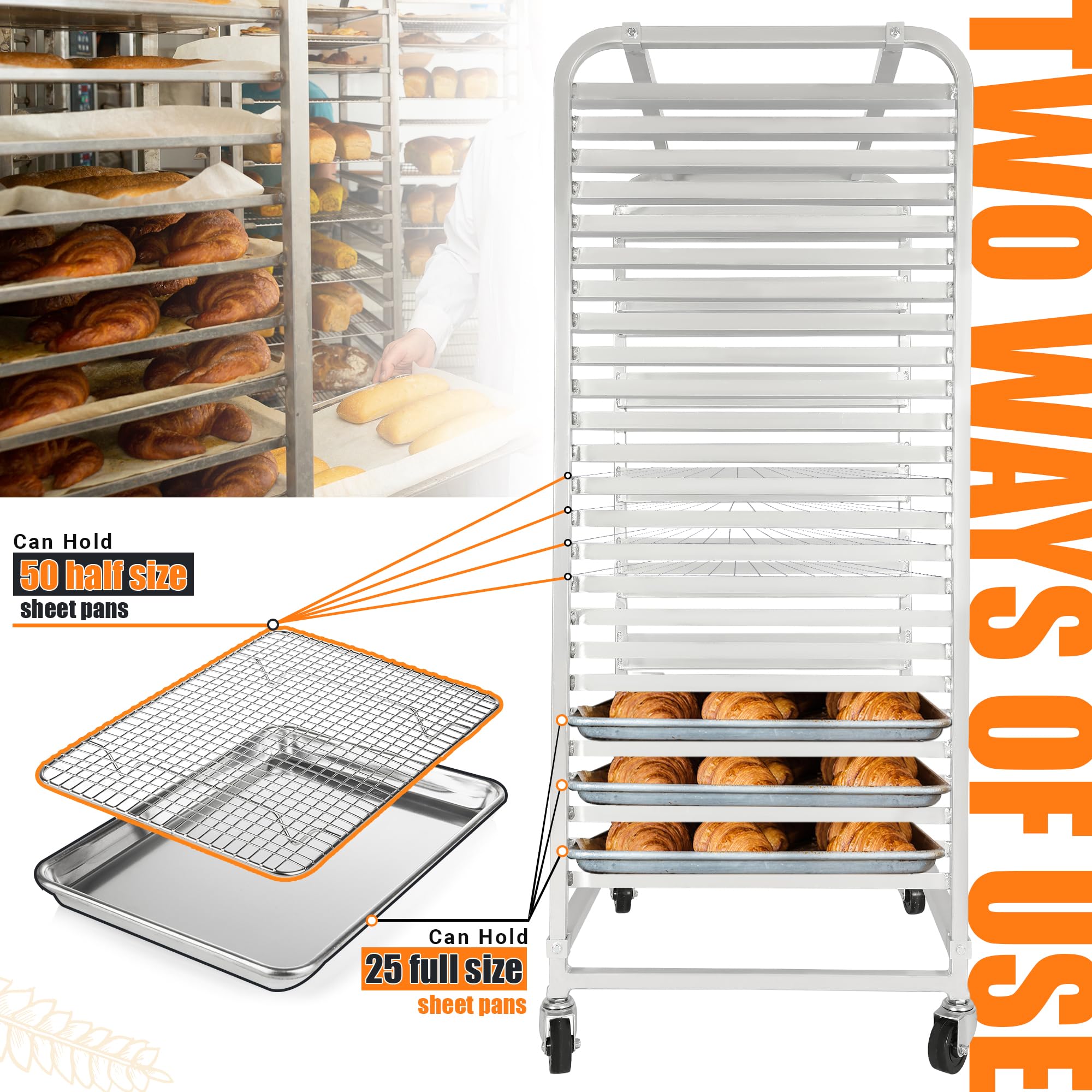 HECASA Adjustable Bun Pan Rack 25 Tier with Brake Wheels, Bakery Sheet Rack for Foodservice, Kitchen,Restaurant, Pizzeria, Hotel, Home, Aluminum, 24.72" L x 20.5" W x 58''H