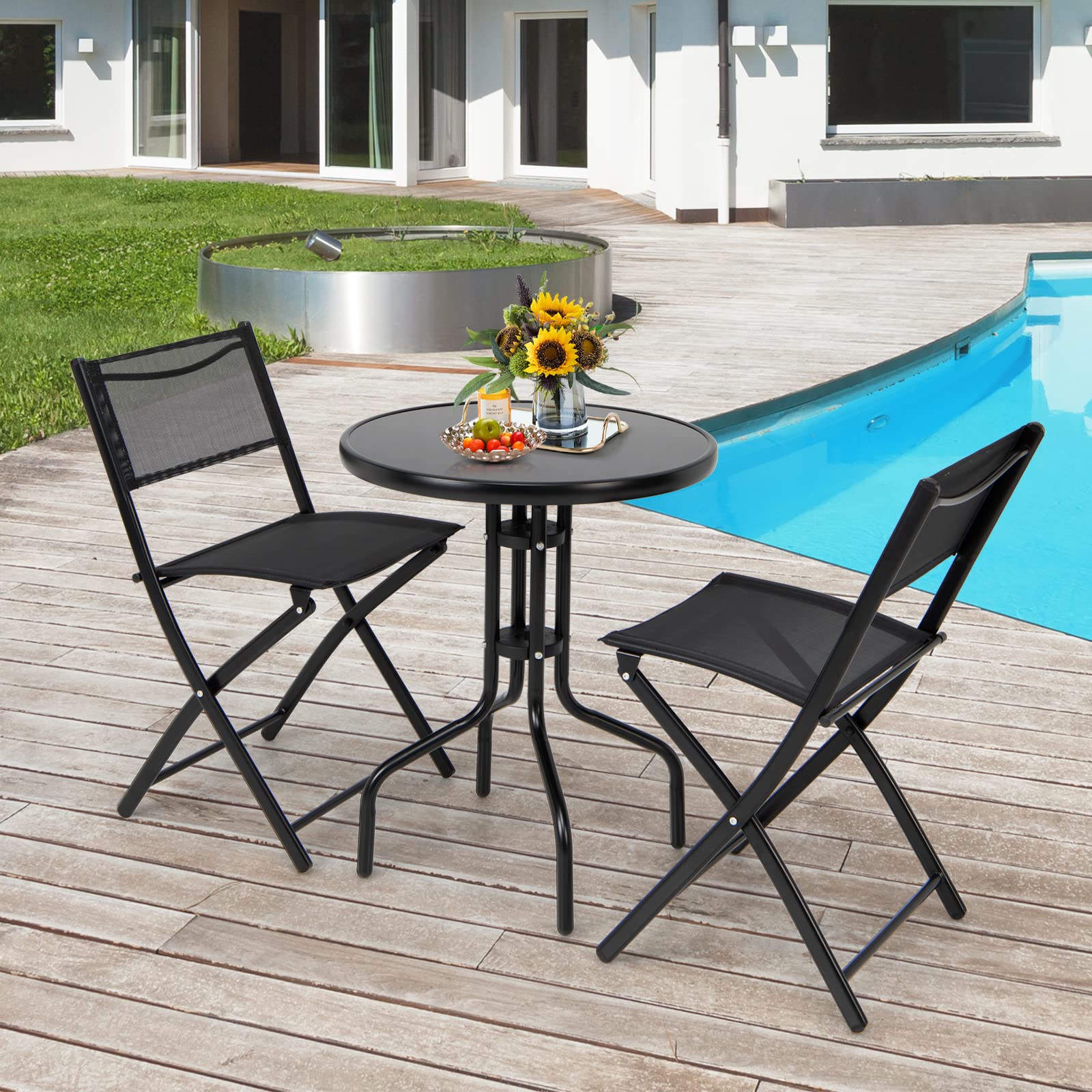 Tangkula 3 Pieces Folding Patio Bistro Set, Outdoor Folding Chairs & Table Set with Tempered Glass Tabletop, Round Table & Foldable Chairs, Outdoor Furniture Set for Garden, Poolside & Backyard