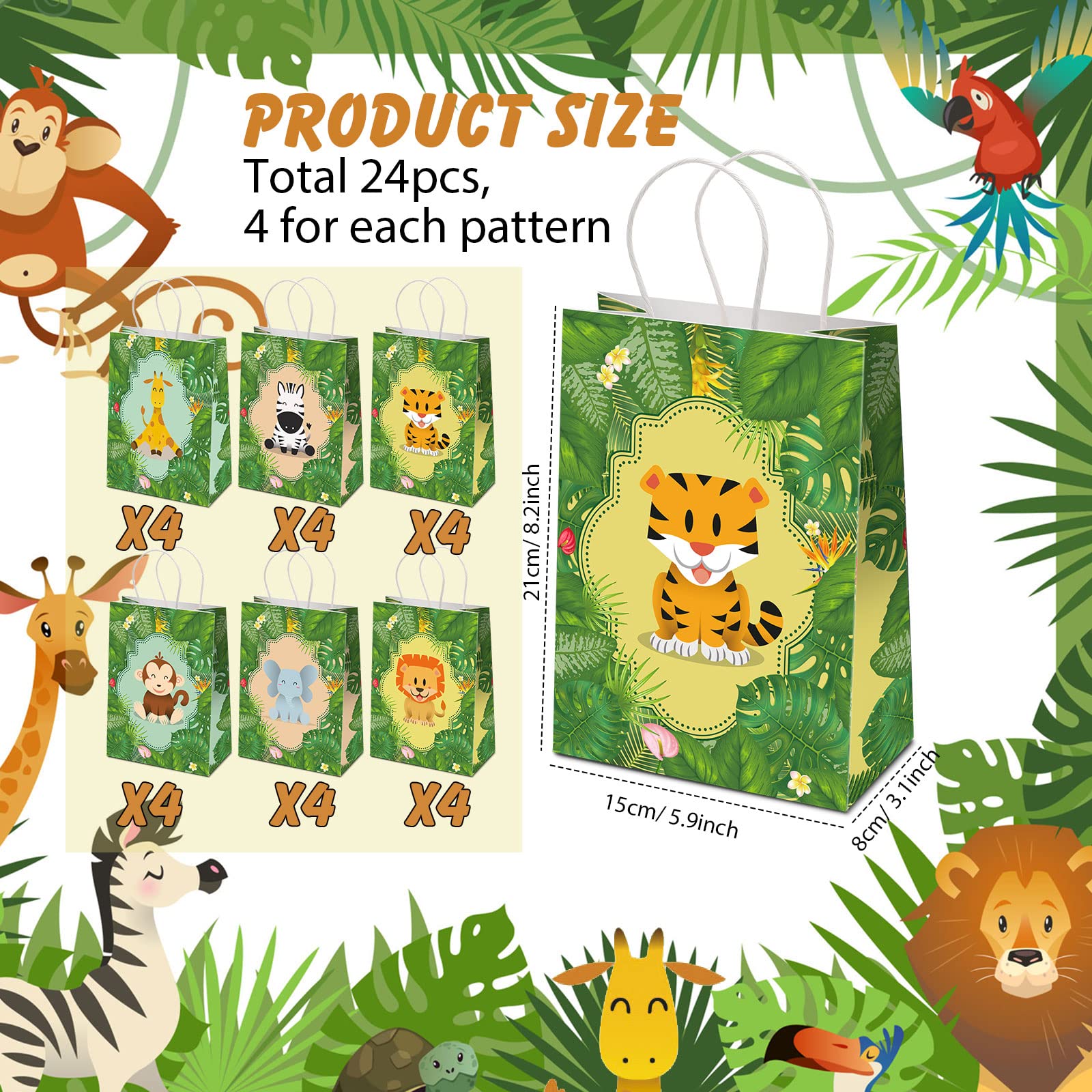 24 Pieces Safari Goodie Bag Safari Jungle Party Favor Bags with Handles for Kids Birthday Jungle Woodland Gift Bags for Birthday Party Baby Shower Party Supplies (Classic Style)