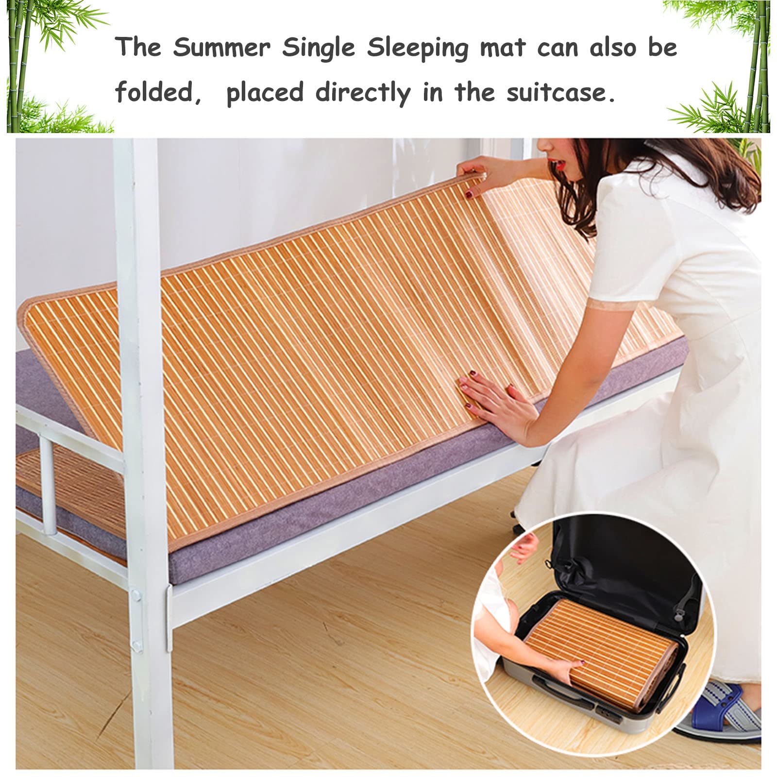 Summer Bamboo Sleeping mat, Foldable Double Sided Bamboo mat for bed, Mattress Topper twin Queen Cool mat for Living Bedroom Floor (90x190cm/35.4x74.8inch, Bamboo)