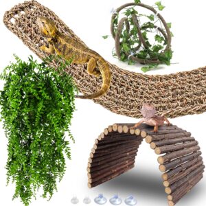 hercocci bearded dragon tank accessories, large reptile bridge hammock flexible - jungle climbing vines and leaves with suction cups habitat décor for hiding& climbing snake gecko lizard chameleon