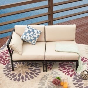 LOKATSE HOME 2 Piece Outdoor Patio Furniture Loveseat Couch with Corner Sofa and Non-armrest Chair, Khaki