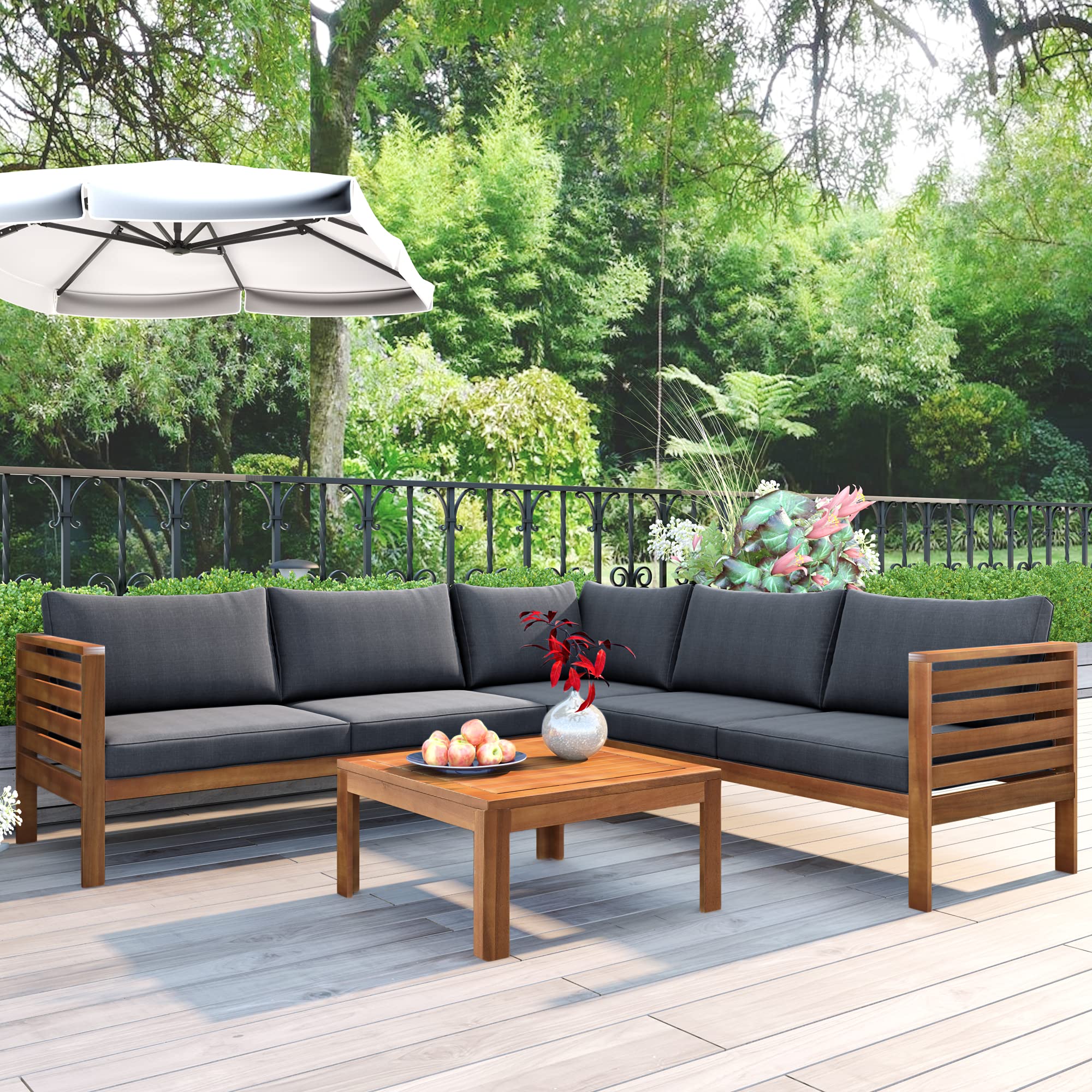 AOCHUANG Eucalyptus Wood 4 Piece Sectional Sofa Set Coffee Table Removable Cushion,Patio Seating Group L Shape Corner Garden Backyard Poolside (Natural Wood+Gray), 58.7inch x 27.6inch 25.1inch(L W H)