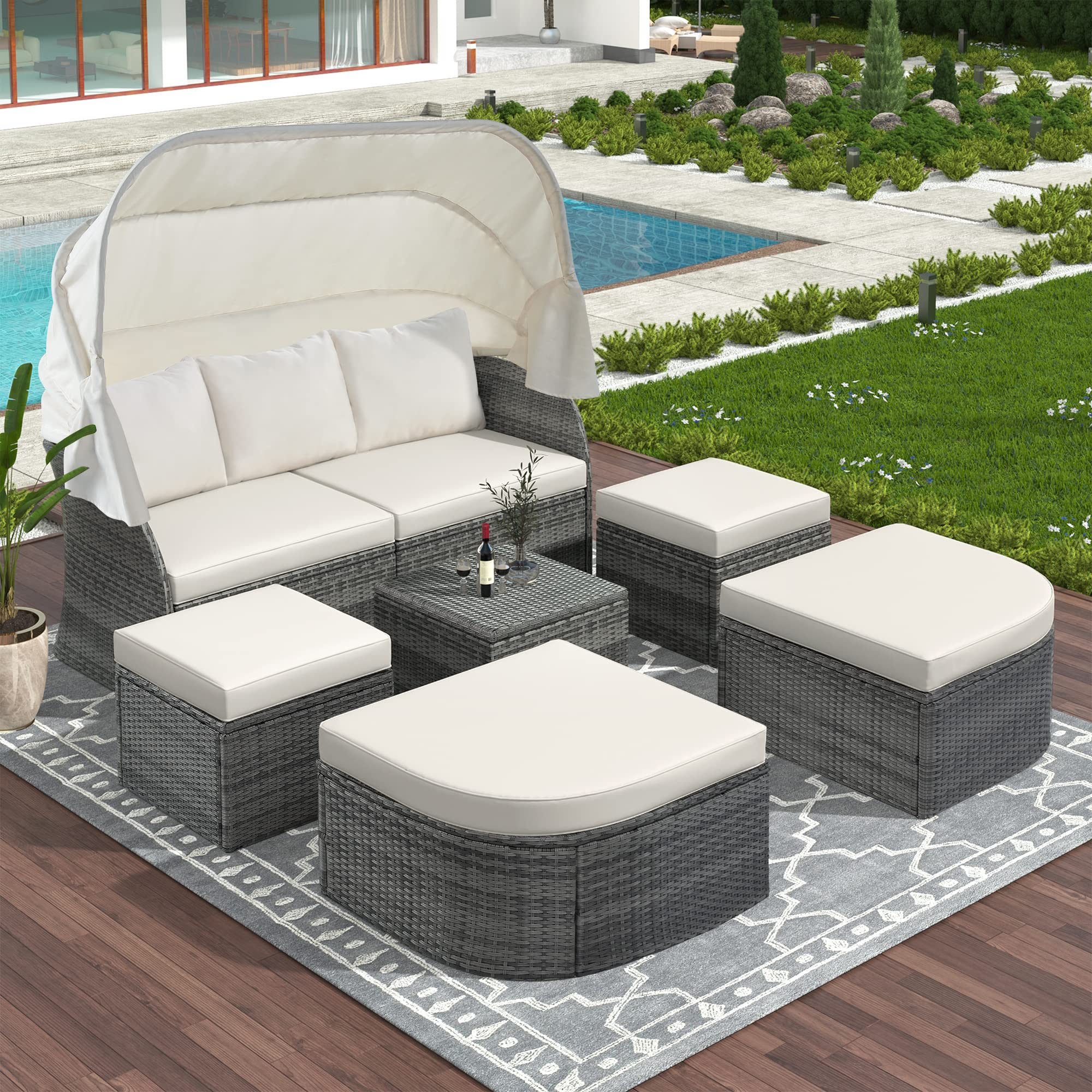 Merax Outdoor Patio Furniture Set, Daybed Sunbed with Retractable Canopy, Patio Conversation Set, Wicker Furniture Sofa Set for Lawn/Garden/Pool/Porch, Grey+Beige