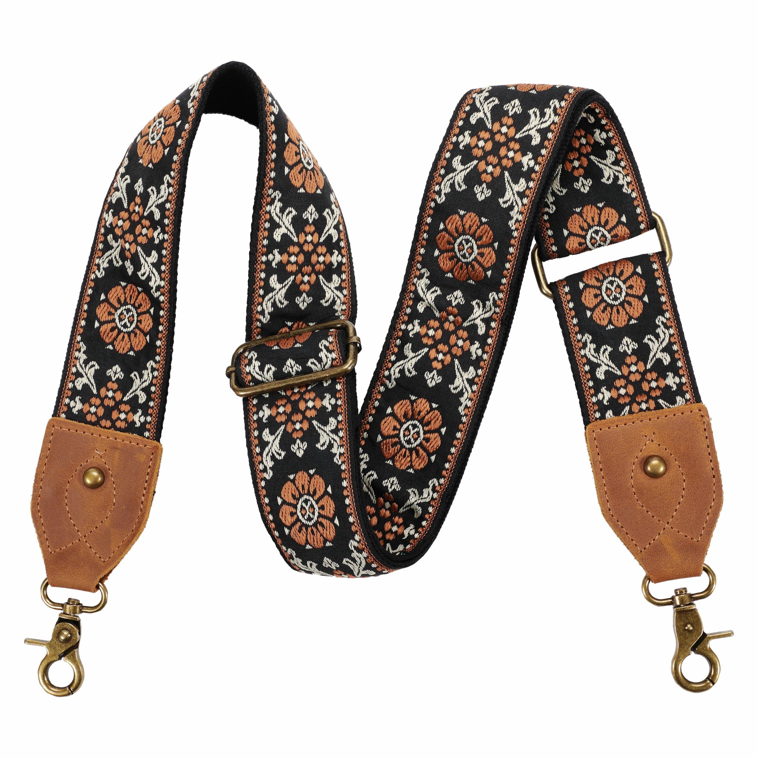 Nefelibata Purse Strap, 2" Crazy Horse Leather End Shoulder Strap Adjustable Replacement,Retro Jacquard Embroidery Multi-pattern Crossbody Bag Straps for Handbag,Crossbody Bags(Brown flower)