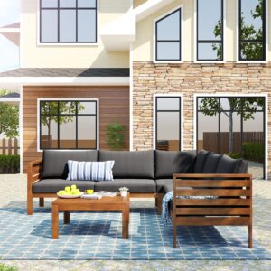 AOCHUANG Eucalyptus Wood 4 Piece Sectional Sofa Set Coffee Table Removable Cushion,Patio Seating Group L Shape Corner Garden Backyard Poolside (Natural Wood+Gray), 58.7inch x 27.6inch 25.1inch(L W H)