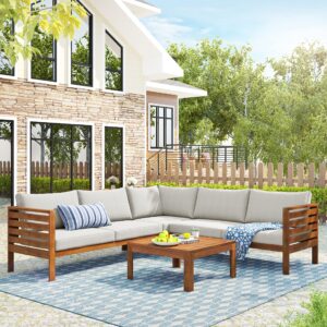 Outdoor Eucalyptus Wood 4 Piece Sectional Sofa Set with Coffee Table and Removable Cushion, Patio Sectional Seating Group L Shape Corner Sofa Set for Garden Backyard Poolside (Natural wood+Beige)