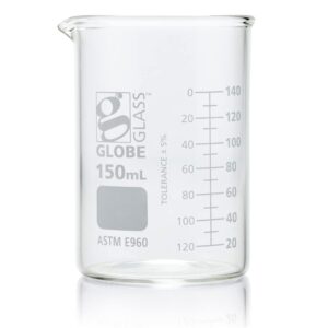 globe scientific beaker, globe glass, 150ml, low form griffin style, dual graduations, 3.3 borosilicate glass, astm e960, 12/box (8010150)