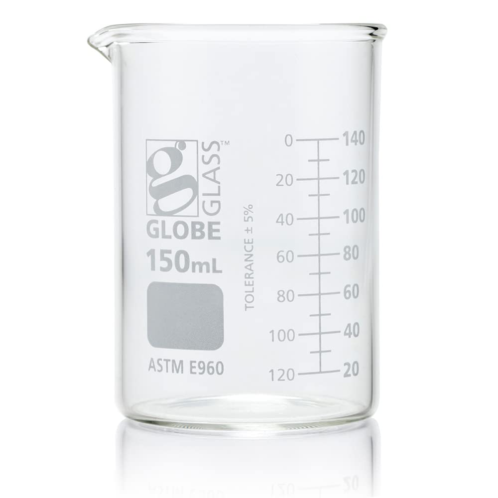 Globe Scientific Beaker, Globe Glass, 150mL, Low Form Griffin Style, Dual Graduations, 3.3 Borosilicate Glass, ASTM E960, 12/Box (8010150)