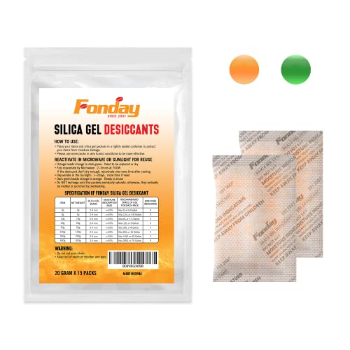 20Gram [15 Packets] Fonday Rechargeable Silica Gel Desiccant Packets Food Grade Fast Reactivate Desiccant Bags Moisture Indicating Orange to Green