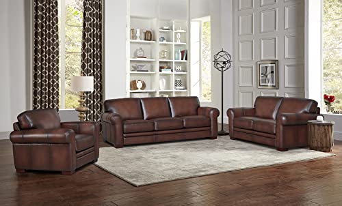 Hydeline Brookfield Top Grain Leather Sofa Couch, 95", Caramel Brown, Feather Down, Memory Foam and Springs Seating