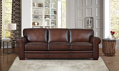 Hydeline Brookfield Top Grain Leather Sofa Couch, 95", Caramel Brown, Feather Down, Memory Foam and Springs Seating