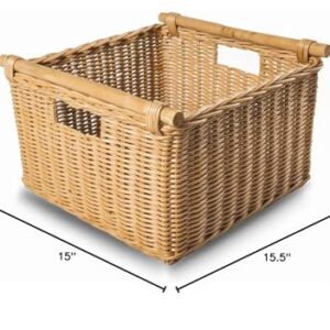 The Basket Lady Deep Pole Handle Wicker Storage Basket, Large, 15 in L x 15.5 in W x 9.5 in H, Sandstone