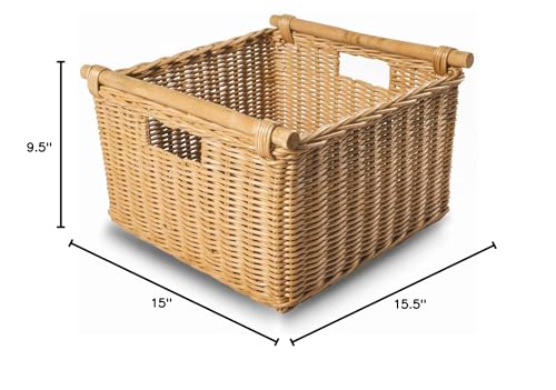 The Basket Lady Deep Pole Handle Wicker Storage Basket, Large, 15 in L x 15.5 in W x 9.5 in H, Sandstone