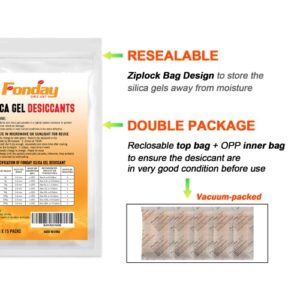 20Gram [15 Packets] Fonday Rechargeable Silica Gel Desiccant Packets Food Grade Fast Reactivate Desiccant Bags Moisture Indicating Orange to Green