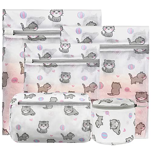 Xducom Mesh Laundry Bags for Delicates with Cute Prints,Set of 5 Lingerie Bags for Washing Delicates,Delicates Laundry Bags for Bra,Lingerie,Underwear,Sock(CAT)