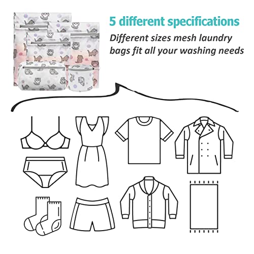 Xducom Mesh Laundry Bags for Delicates with Cute Prints,Set of 5 Lingerie Bags for Washing Delicates,Delicates Laundry Bags for Bra,Lingerie,Underwear,Sock(CAT)