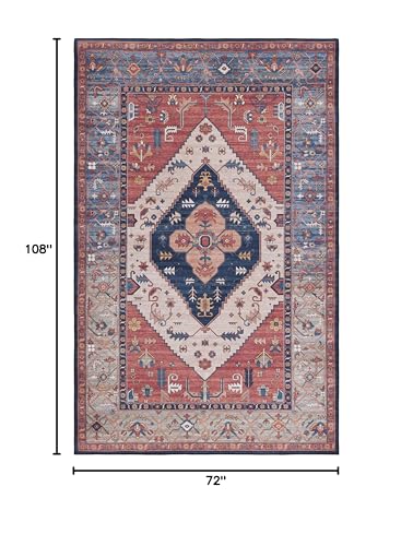 SAFAVIEH Tucson Collection Area Rug - 6' x 9', Rust & Blue, Traditional Persian Design, Non-Shedding Machine Washable & Slip Resistant Ideal for High Traffic Areas in Living Room, Bedroom (TSN153P)