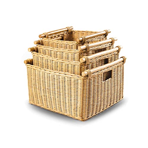 The Basket Lady Deep Pole Handle Wicker Storage Basket, Large, 15 in L x 15.5 in W x 9.5 in H, Sandstone