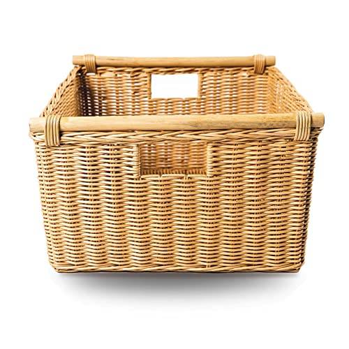 The Basket Lady Deep Pole Handle Wicker Storage Basket, Large, 15 in L x 15.5 in W x 9.5 in H, Sandstone