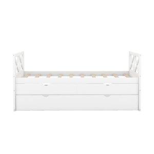 LZ LEISURE ZONE Twin Size House Bed, Solid Wood Platform Bed with Trundle, 3 Storage Drawers and Roof, White