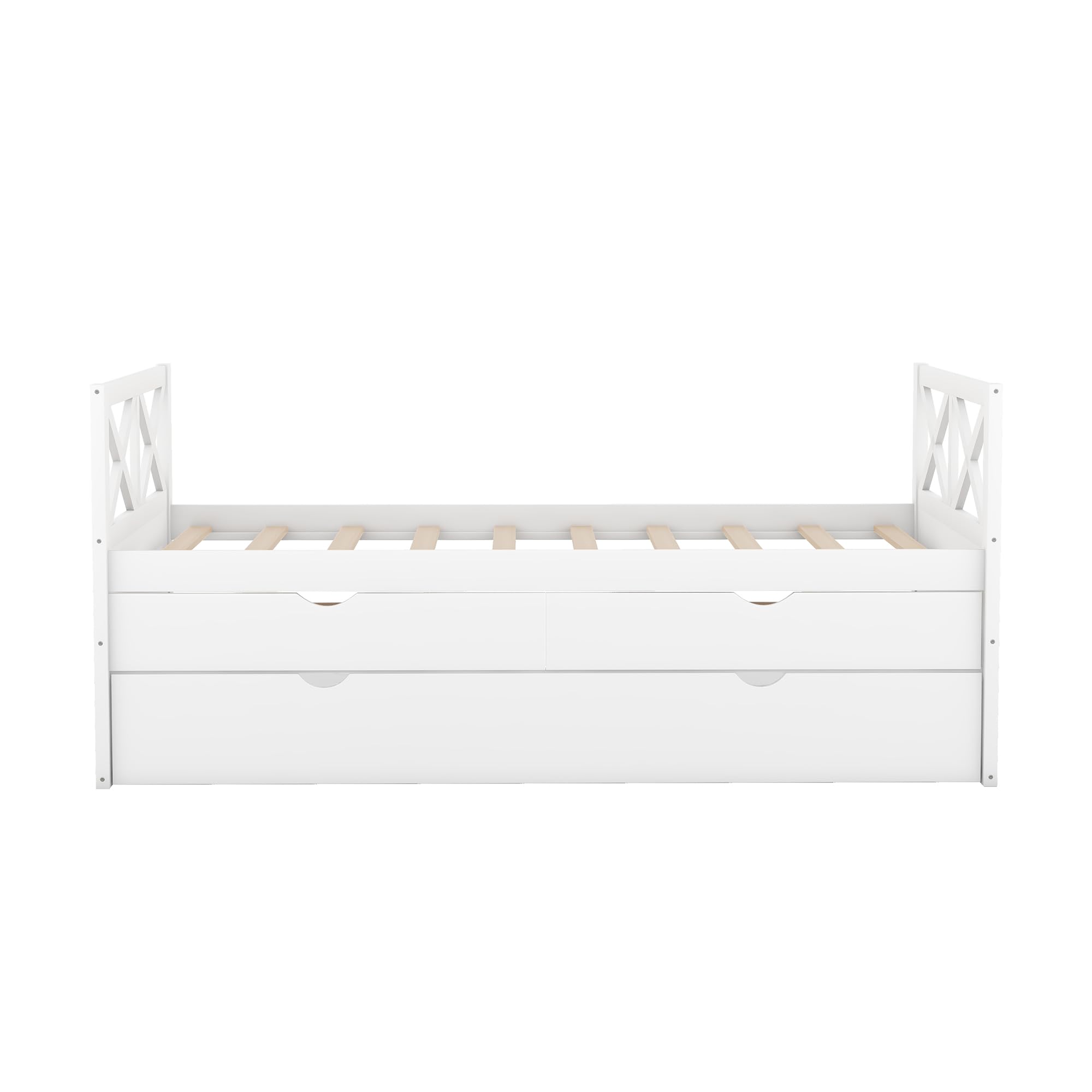 LZ LEISURE ZONE Twin Size House Bed, Solid Wood Platform Bed with Trundle, 3 Storage Drawers and Roof, White