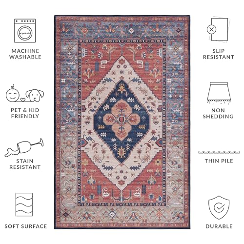 SAFAVIEH Tucson Collection Area Rug - 6' x 9', Rust & Blue, Traditional Persian Design, Non-Shedding Machine Washable & Slip Resistant Ideal for High Traffic Areas in Living Room, Bedroom (TSN153P)