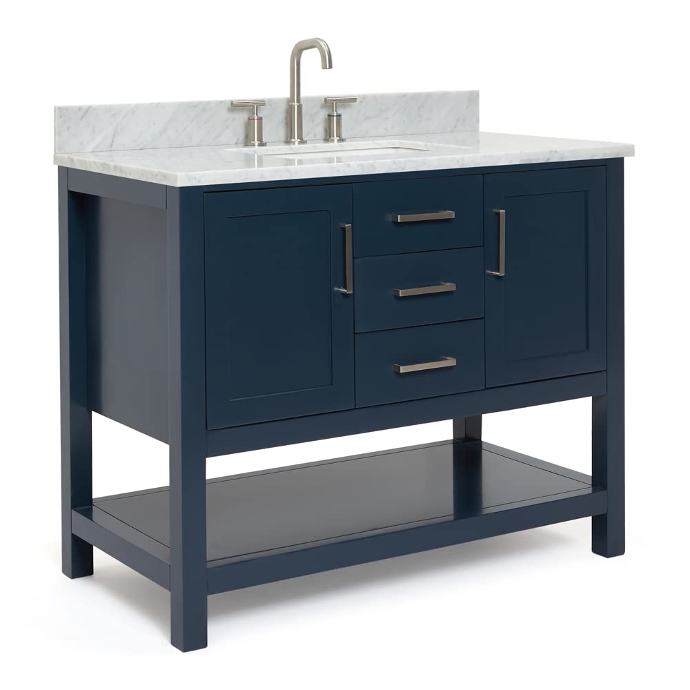 ARIEL Bayhill 43 in. Rectangle Sink Vanity with Carrara White Marble Countertop in Midnight Blue