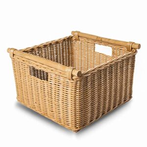 the basket lady deep pole handle wicker storage basket, large, 15 in l x 15.5 in w x 9.5 in h, sandstone