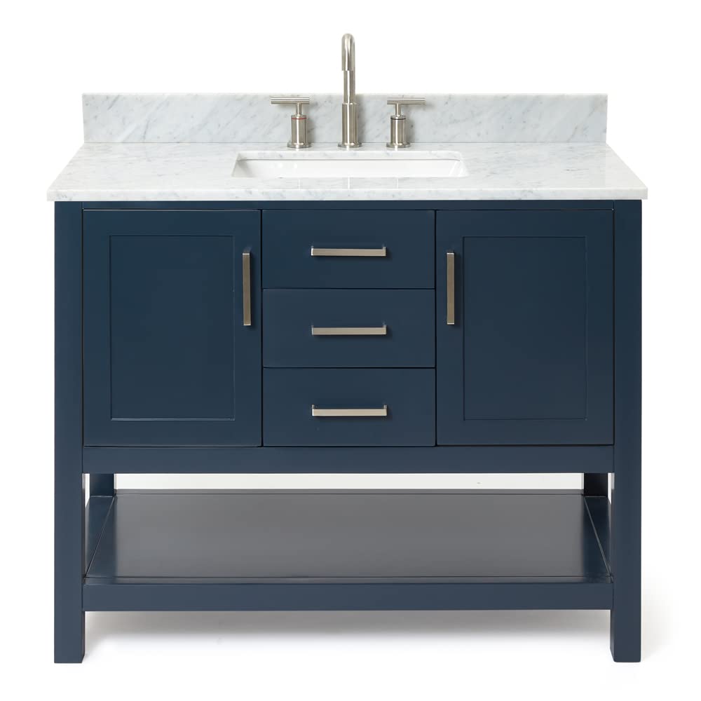 ARIEL Bayhill 43 in. Rectangle Sink Vanity with Carrara White Marble Countertop in Midnight Blue