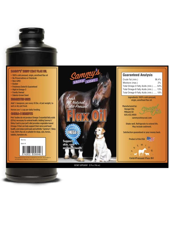 Sammy’s™ Shiny Coat Flaxseed Oil - 100% Pure, Natural Flax Oil, Cold-Pressed, Excellent Source of Omega-3 for Your Furry Friend, for Healthier Skin and Coat of Your Dogs, Cats, Other Pets - 32 Oz