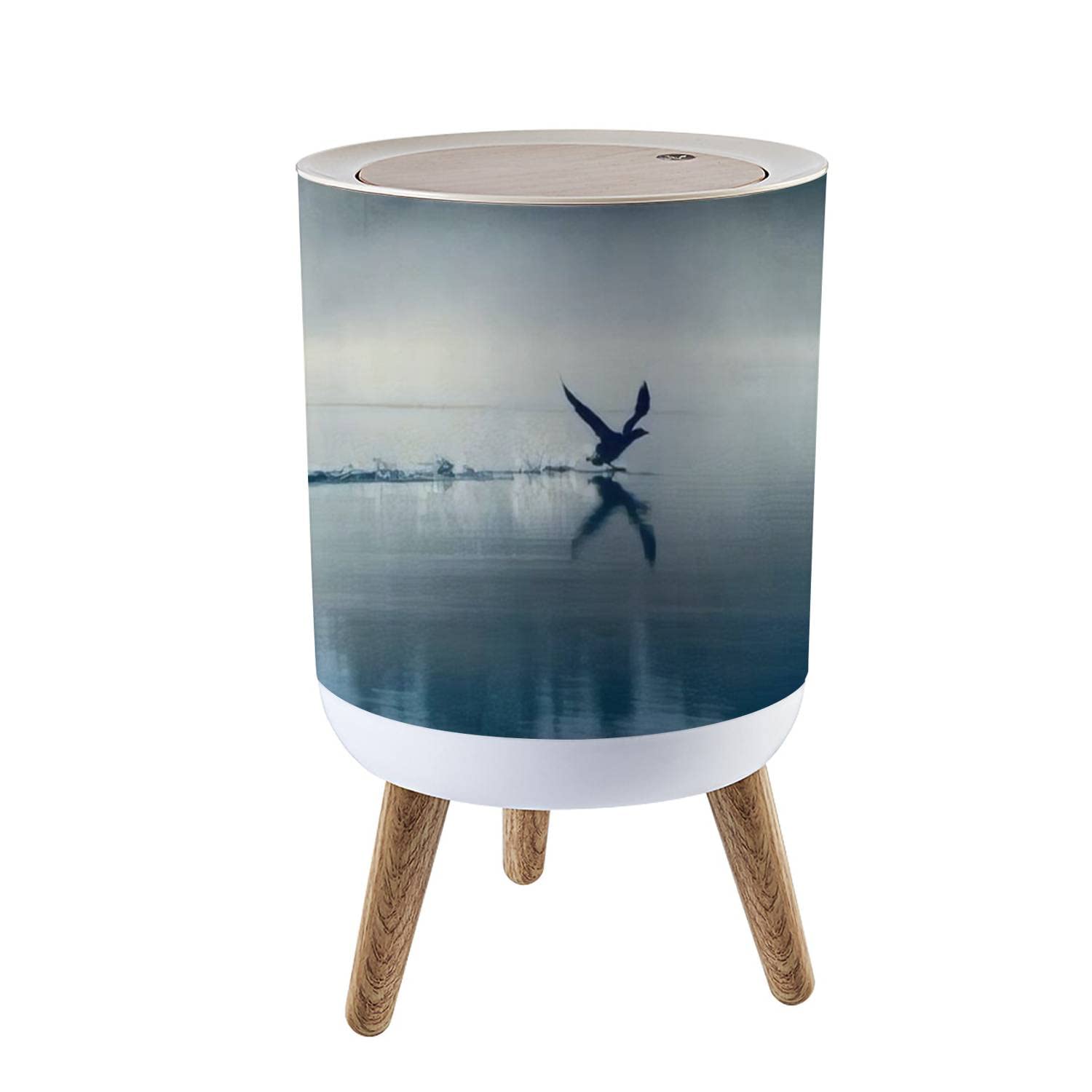 Small Trash Can with Lid Spring landscape with takeoff Loon misty morning Bird were scattered Garbage Bin Round Waste Bin Press Cover Dog Proof Wastebasket for Kitchen Bathroom Living Room 1.8 Gallon