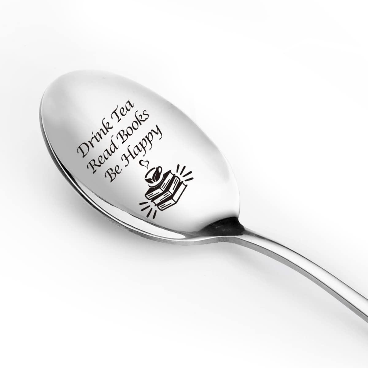 Funny Tea Spoon Engraved Stainless Steel for Tea Lovers Women Men - Cute Drink Tea Read Books Be Happy Spoon for Daughter Son Friends Coworkers