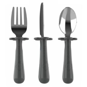 grabease toddler silverware set forks spoons and knives set toddler utensils feeding supplies, bpa and phthalates-free, dishwasher safe, gray