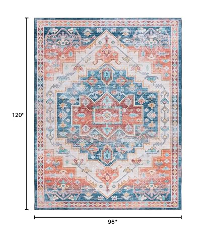 SAFAVIEH Tucson Collection Area Rug - 8' x 10', Blue & Rust, Persian Medallion Design, Non-Shedding Machine Washable & Slip Resistant Ideal for High Traffic Areas in Living Room, Bedroom (TSN116M)