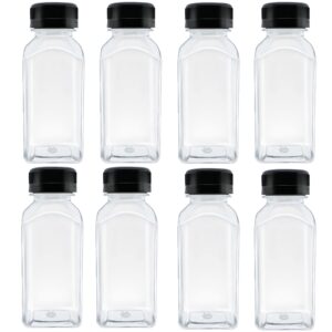 myyzmy 8 pcs 8 ounce plastic juice bottles, reusable bulk beverage containers for juice, milk and other beverages, black lid