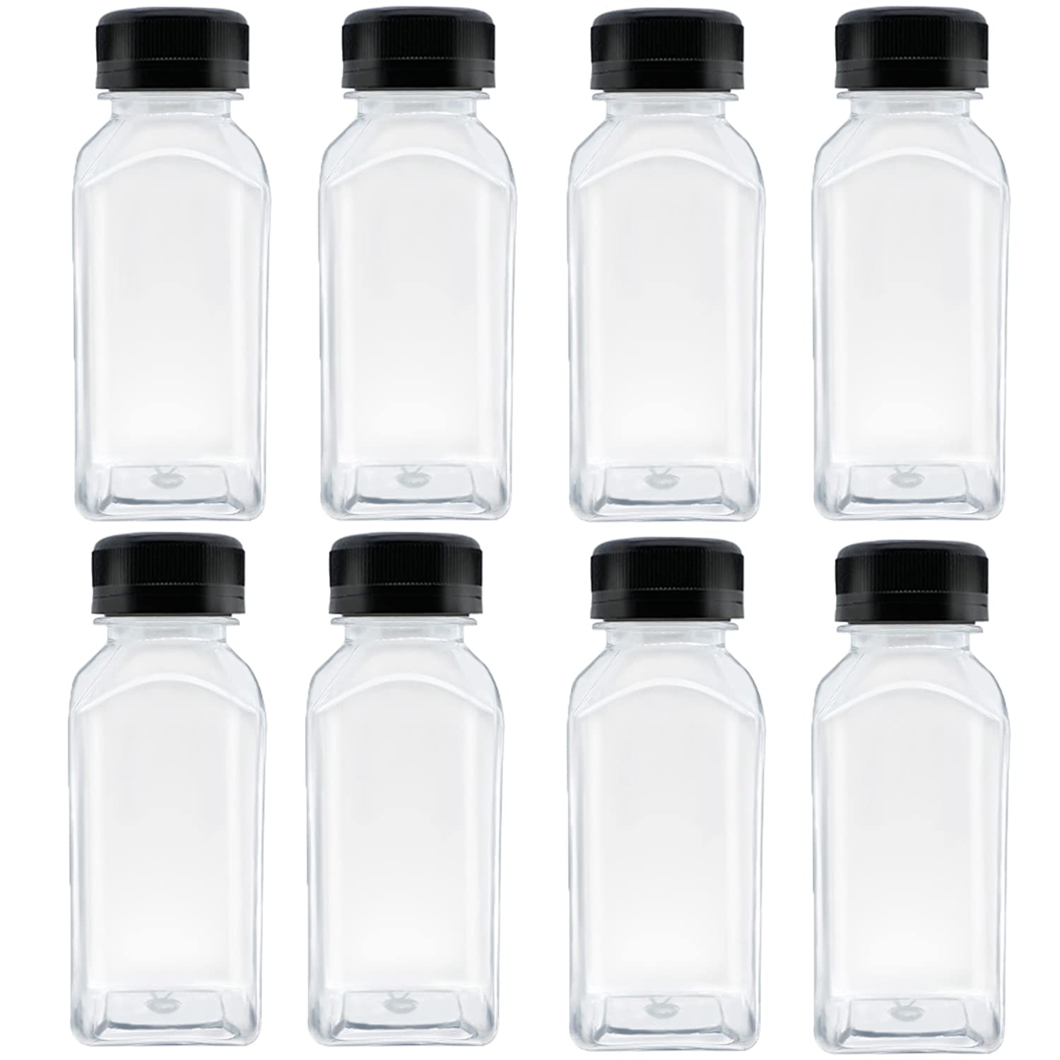 MYYZMY 8 Pcs 8 Ounce Plastic Juice Bottles, Reusable Bulk Beverage Containers for Juice, Milk and Other Beverages, Black lid