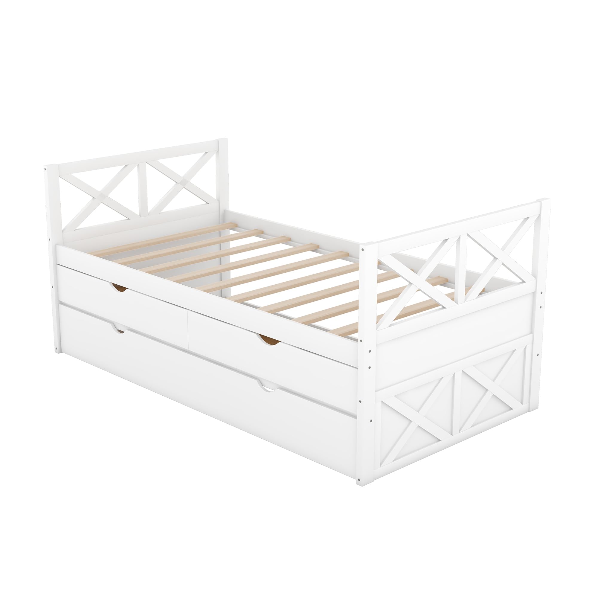 LZ LEISURE ZONE Twin Size House Bed, Solid Wood Platform Bed with Trundle, 3 Storage Drawers and Roof, White