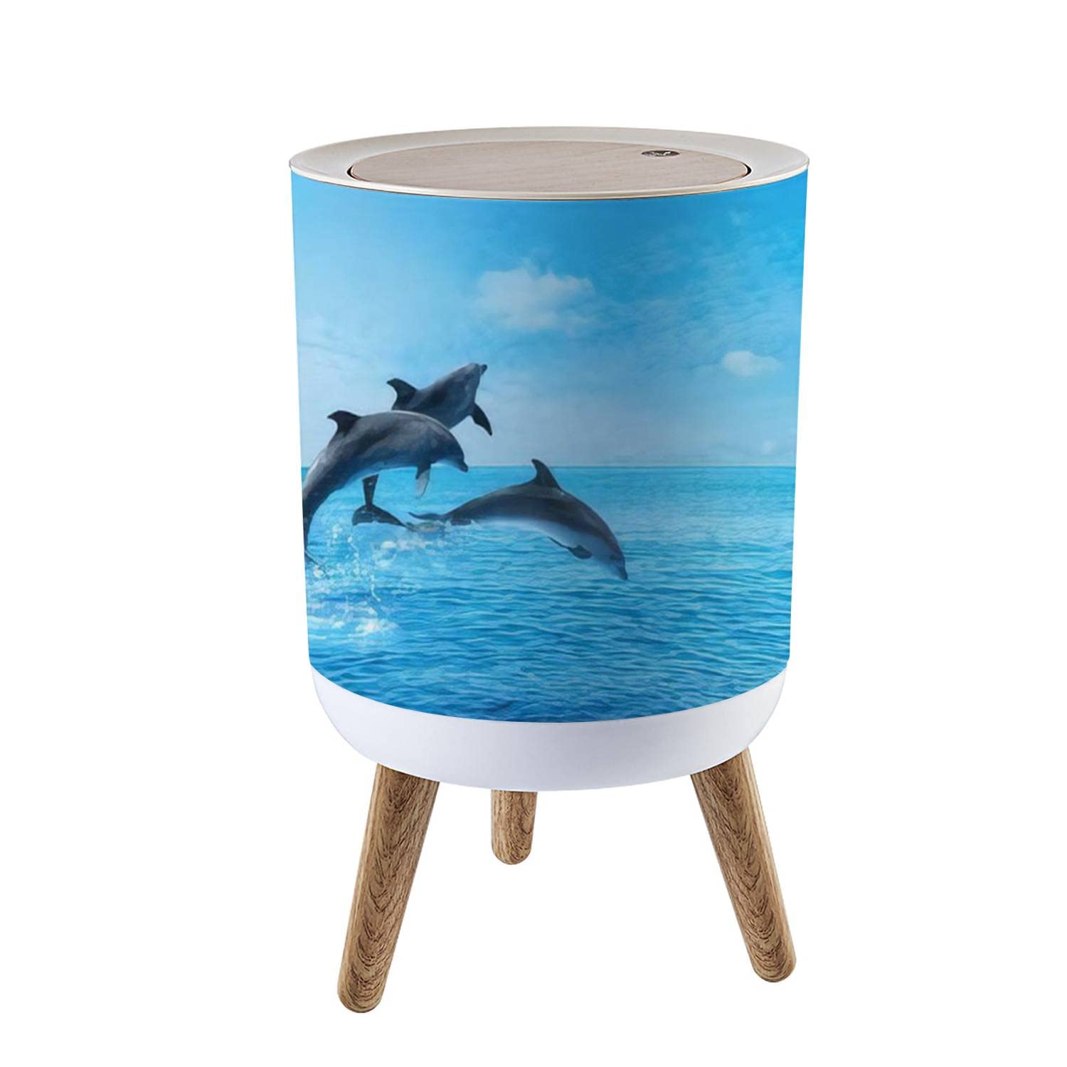 Small Trash Can with Lid Beautiful bottlenose dolphins jumping out of sea with clear blue water Garbage Bin Round Waste Bin Press Cover Dog Proof Wastebasket for Kitchen Bathroom Living Room 1.8 Gallon